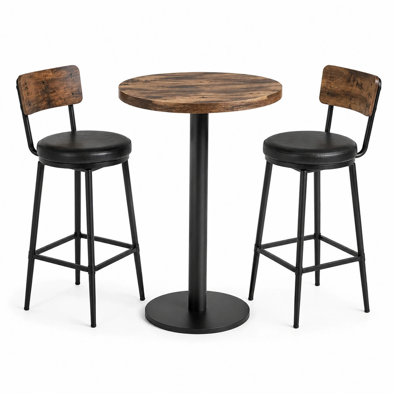 3-teiliges Bartisch-Set mit rundem Tisch Ø 80 × H 90 cm und 2 Barstühlen 45 × 48 × 100 cm, Braun/Schwarz