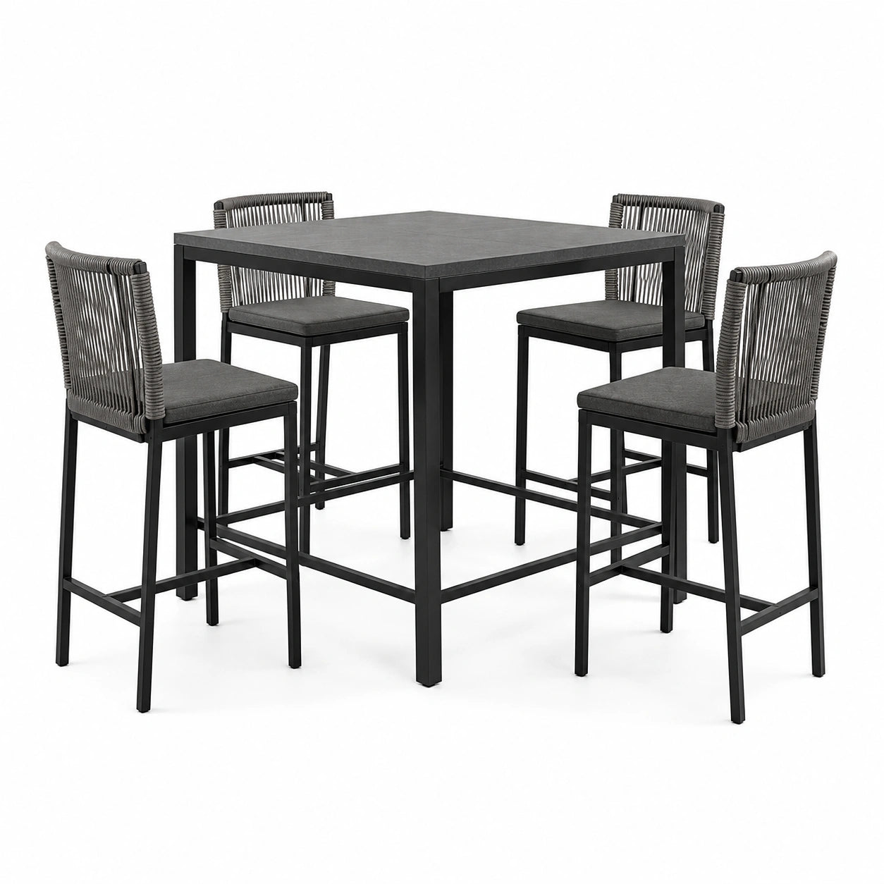 5-teilige Bartischgarnitur mit 4 Barstühlen, Tisch 90 × 90 × 92 cm, Schwarz/Grau