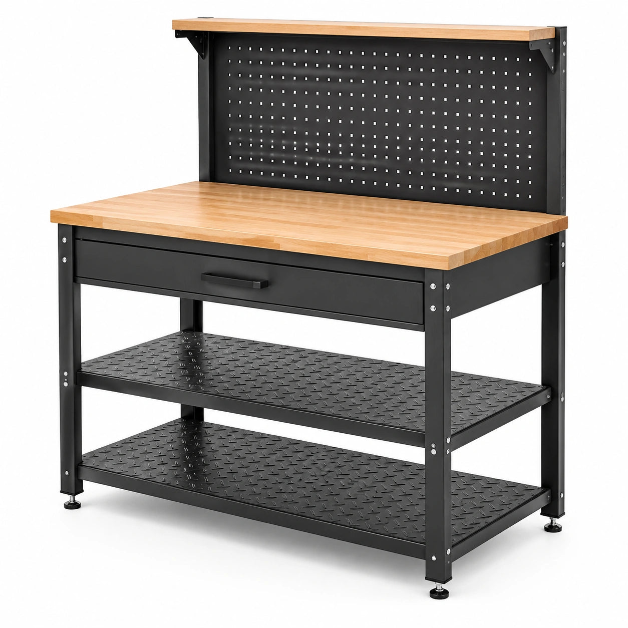 Werkbank aus Stahl und Holz mit Lochwand, Schublade und 3 Ablagen, 120 × 60 × 155 cm, Schwarz/Natur