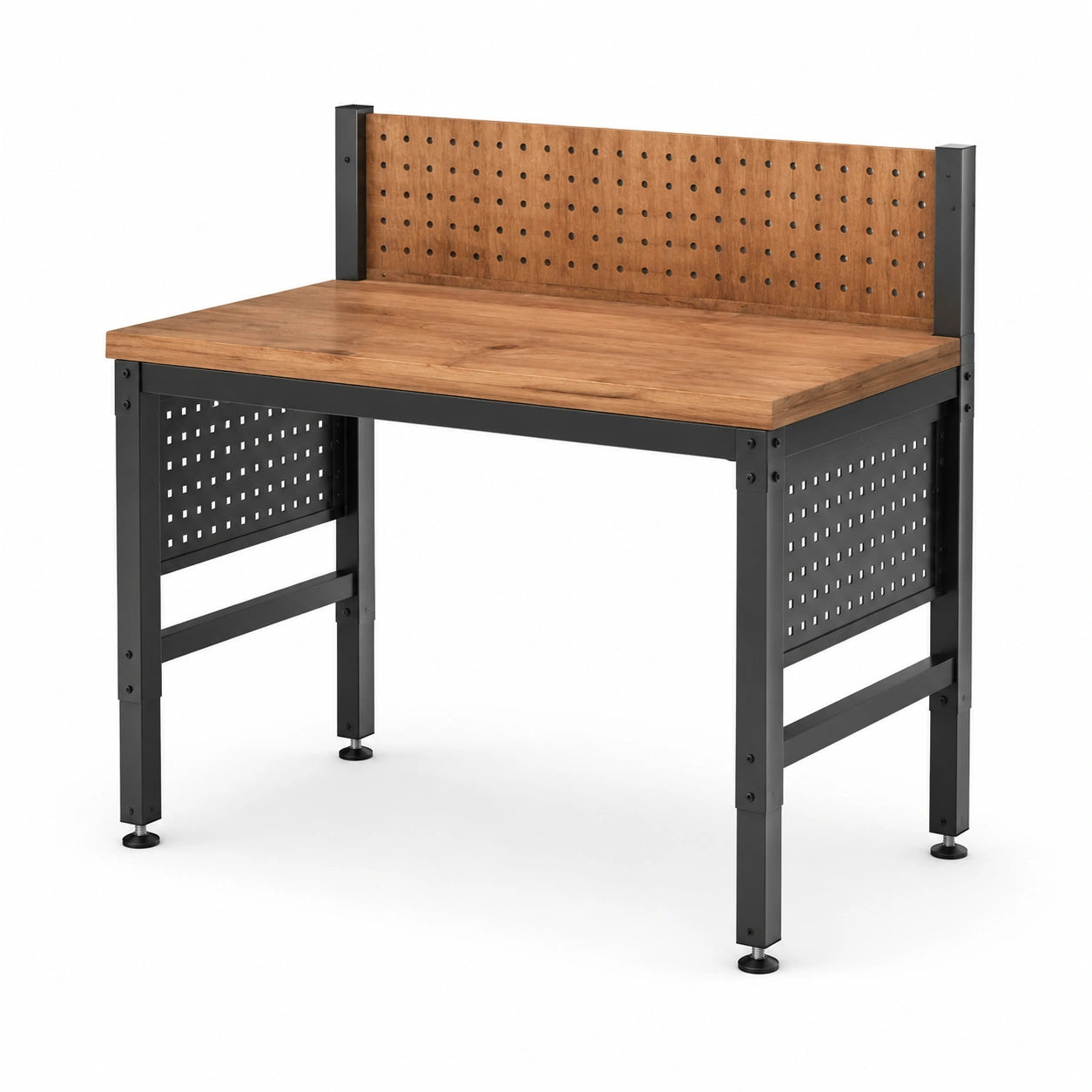Werkbank mit Lochwand und höhenverstellbaren Füßen, Holzwerkstoff und Stahl, 120 × 60 × 150 cm, Braun/Schwarz