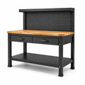 Stahl-Werkbank mit Holzarbeitsplatte, Lochwand, 2 Schubladen und 2 Ablagen, 120 × 60 × 150 cm, Schwarz/Natur