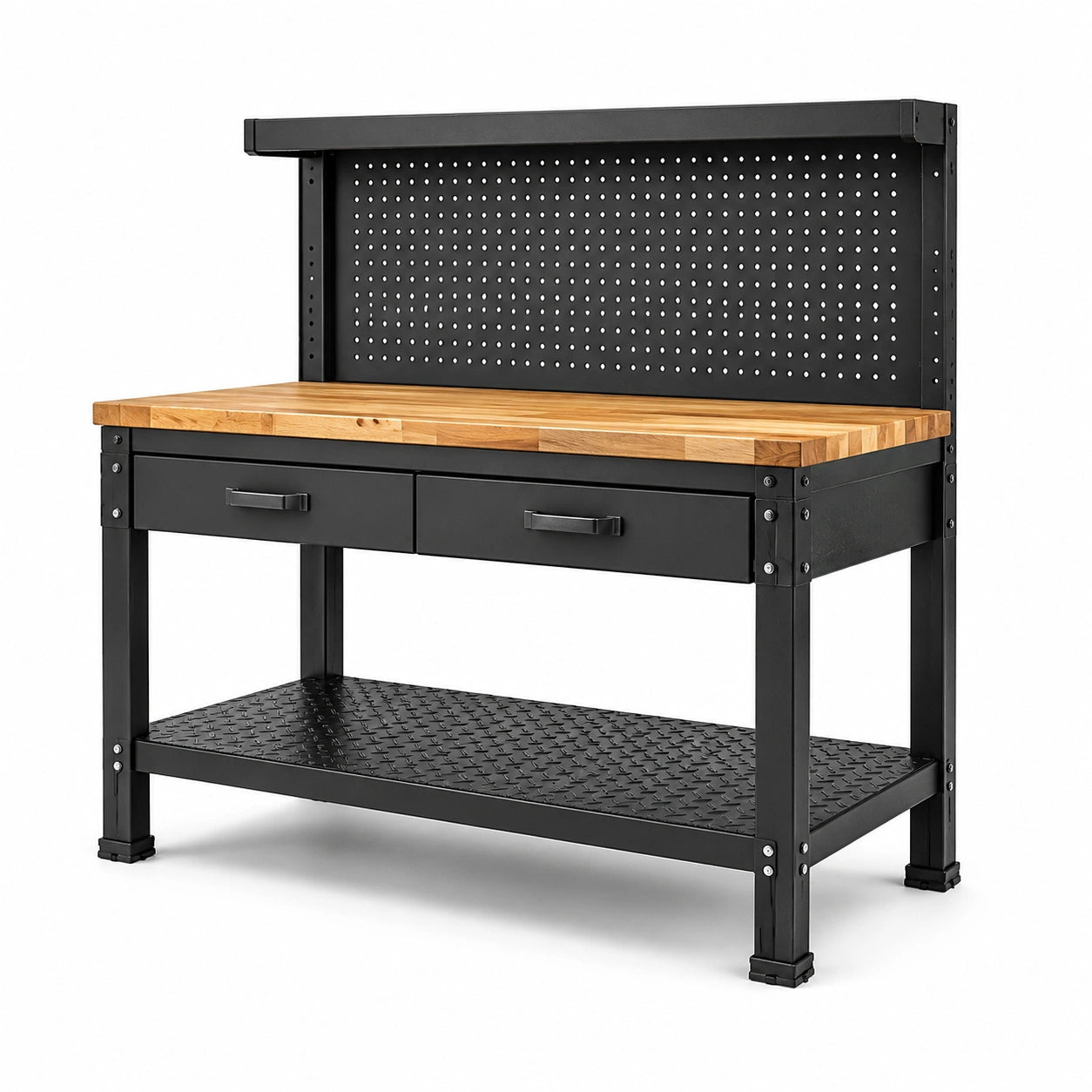 Stahl-Werkbank mit Holzarbeitsplatte, Lochwand, 2 Schubladen und 2 Ablagen, 120 × 60 × 150 cm, Schwarz/Natur