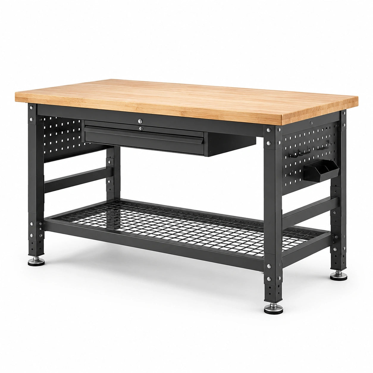 Werkbank mit Bambus-Arbeitsplatte, Schublade und Ablage, Natur/Schwarz, 120 × 60 × 85 cm