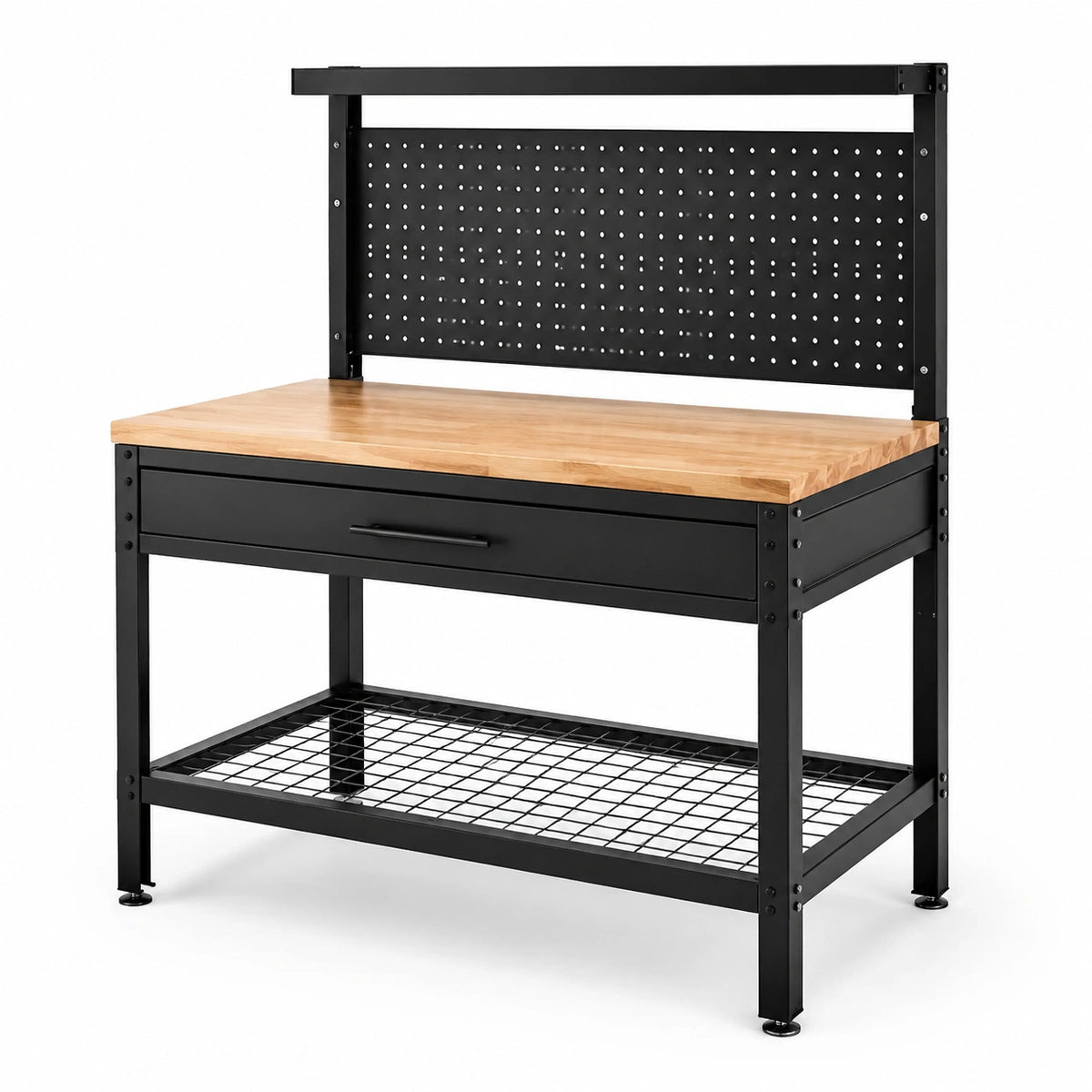 Werkbank aus Stahl und Holz mit Lochwand, Schublade und Gitterablage, 120 x 60 x 150 cm, Schwarz/Natur