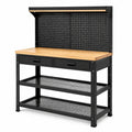 Werkbank aus Stahl und Holz mit Lochwand, 2 Schubladen und 3 Ablagen, 120 × 60 × 155 cm, Schwarz/Natur