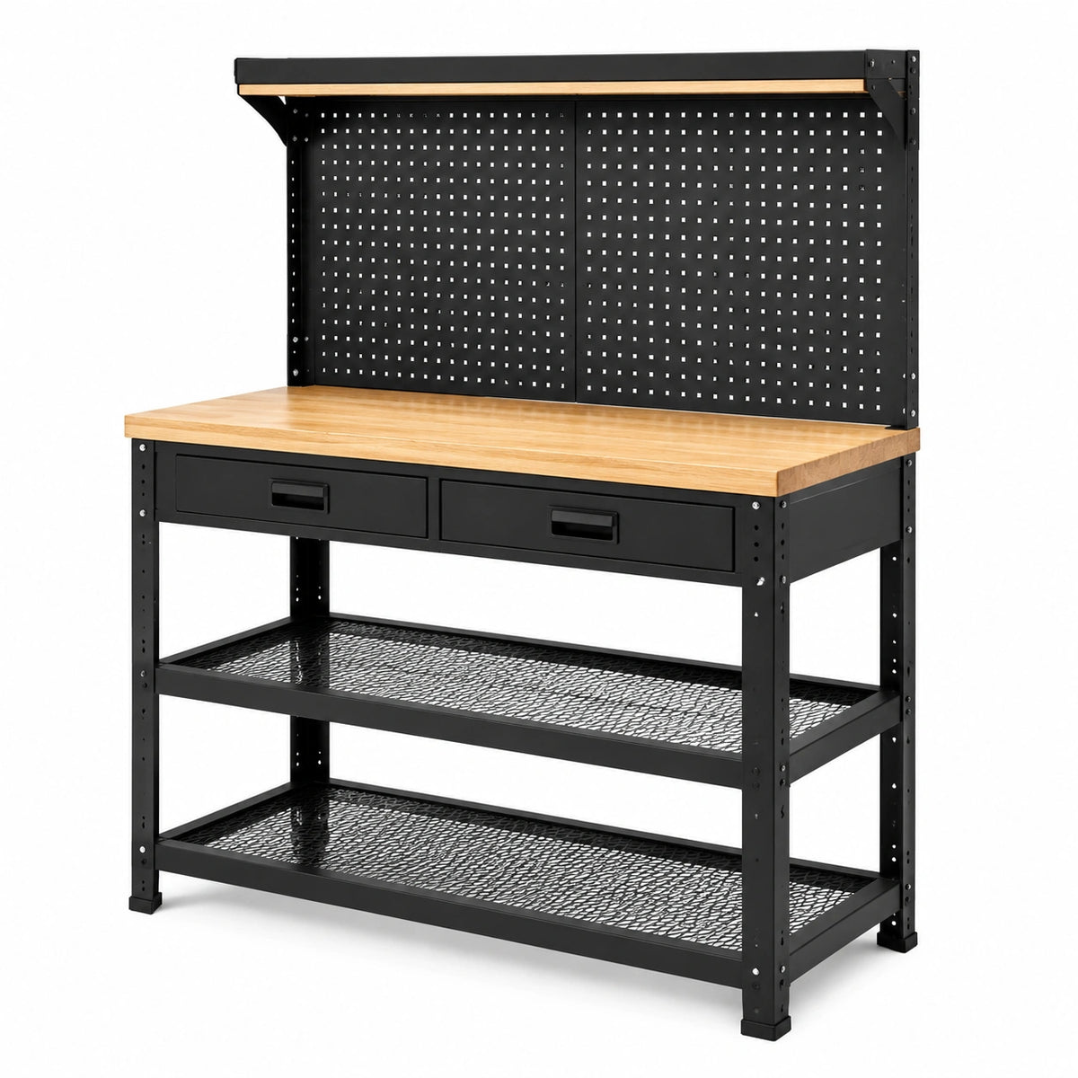 Werkbank aus Stahl und Holz mit Lochwand, 2 Schubladen und 3 Ablagen, 120 × 60 × 155 cm, Schwarz/Natur