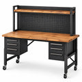 Mobile Werkbank aus Stahl und Holz, 150 × 60 × 150 cm, Schwarz, Braun und Silber, mit 6 Schubladen, Lochwand, Ablage und Rollen