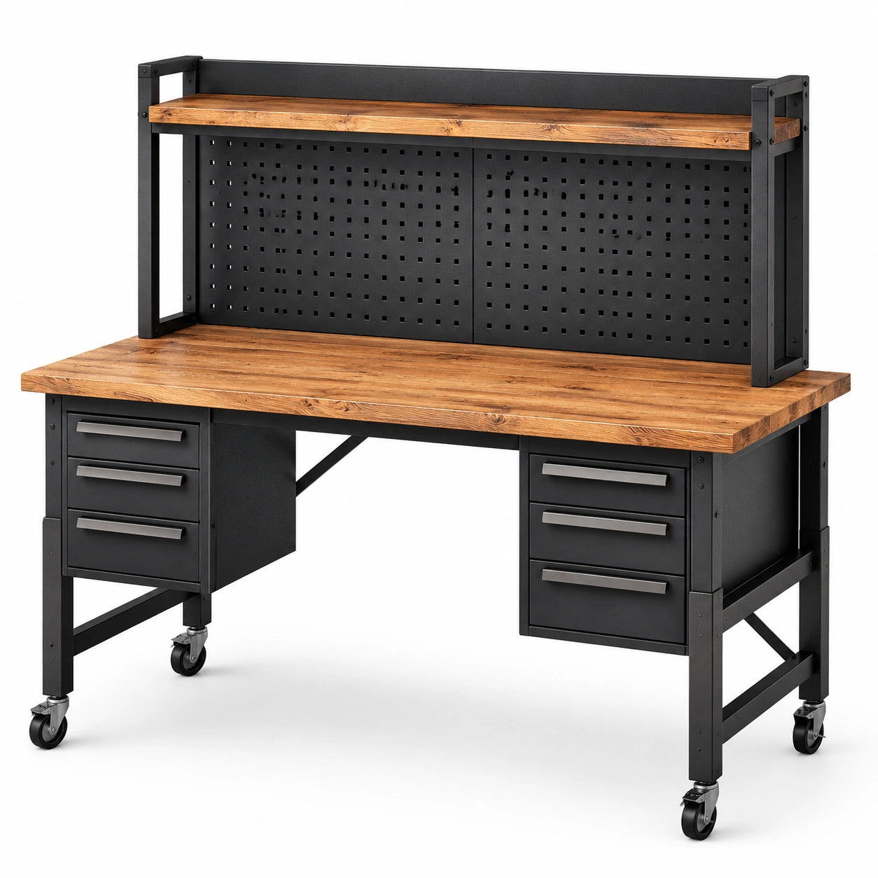 Mobile Werkbank aus Stahl und Holz, 150 × 60 × 150 cm, Schwarz, Braun und Silber, mit 6 Schubladen, Lochwand, Ablage und Rollen