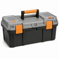 Tragbarer Werkzeugkoffer aus Kunststoff, 50 × 26 × 25 cm, Schwarz/Grau/Orange mit transparenten Fächern