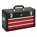 Tragbarer Metall-Werkzeugkoffer mit 3 Schubladen, 51 × 25 × 40 cm, Schwarz-Rot-Silber