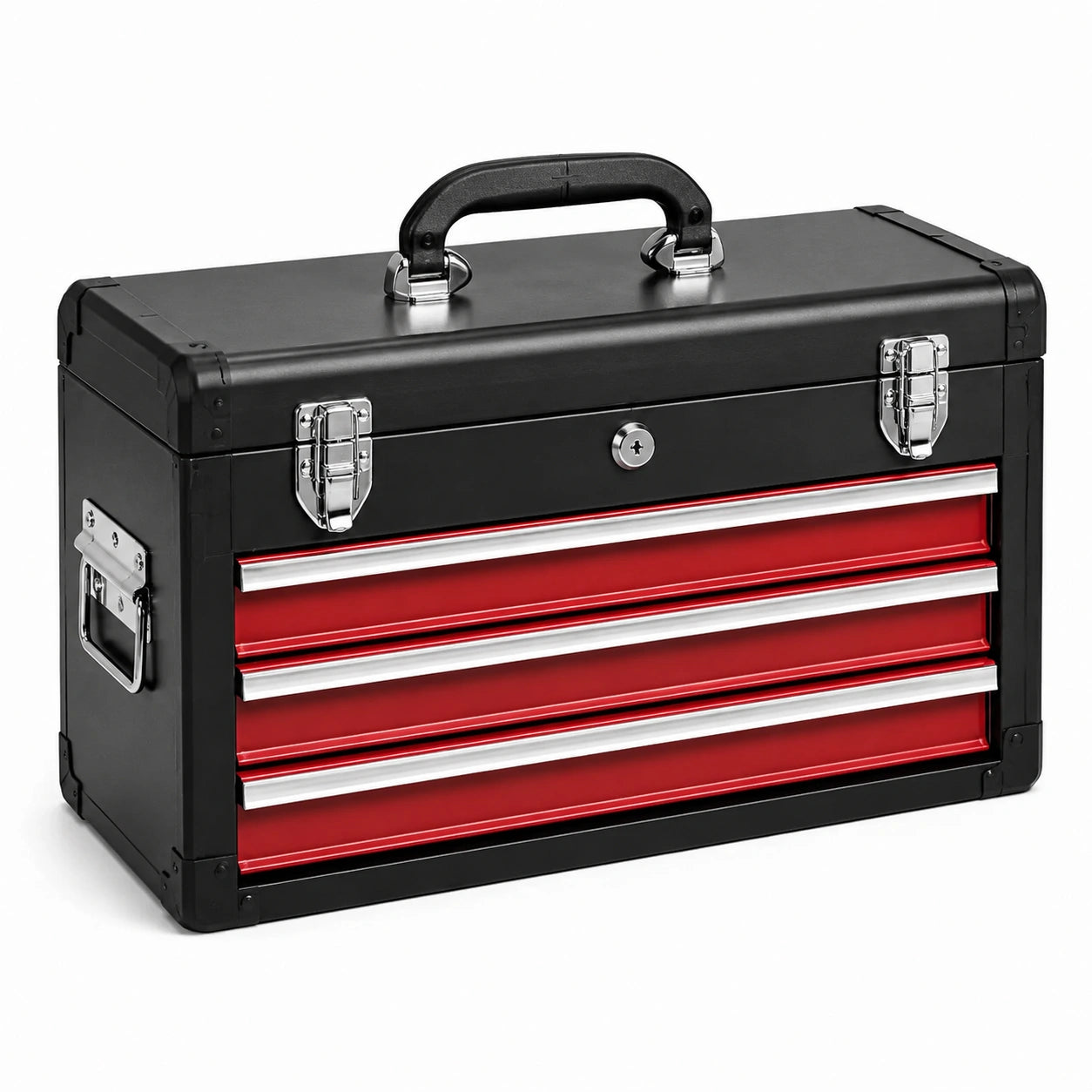 Tragbarer Metall-Werkzeugkoffer mit 3 Schubladen, 51 × 25 × 40 cm, Schwarz-Rot-Silber