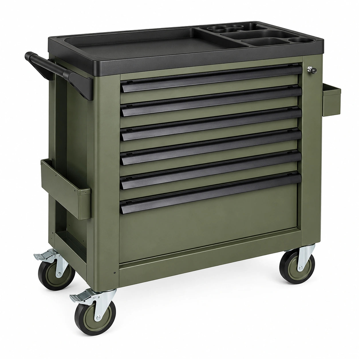 Mobiler Werkzeugwagen aus Stahl mit 6 Schubladen, 77 × 46 × 87 cm, Olivgrün/Schwarz/Silber