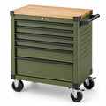 Mobiler Werkzeugwagen aus Stahl mit Holzarbeitsplatte, 6 abschließbaren Schubladen, 77 × 46 × 92 cm, Olivgrün, Schwarz und Natur