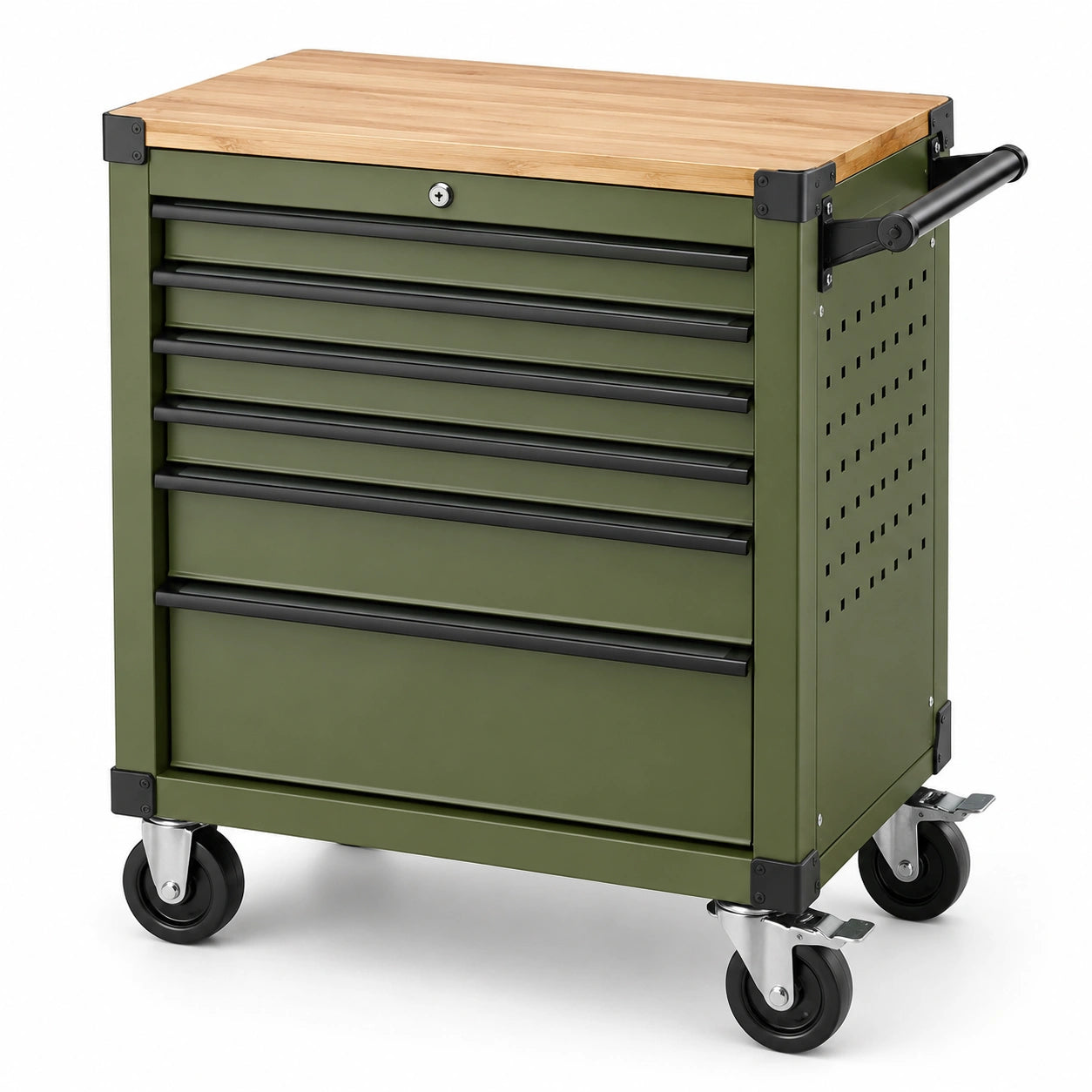 Mobiler Werkzeugwagen aus Stahl mit Holzarbeitsplatte, 6 abschließbaren Schubladen, 77 × 46 × 92 cm, Olivgrün, Schwarz und Natur