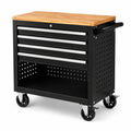 Werkzeugwagen aus Stahl mit Holzarbeitsplatte, 4 Schubladen und Rollen, 82 × 48 × 88 cm, Schwarz/Natur/Silber