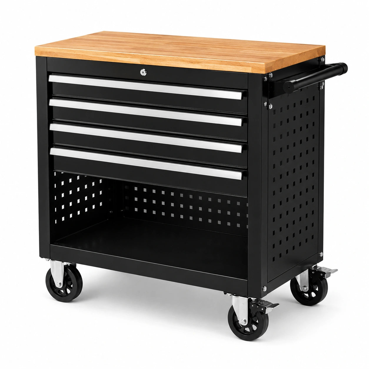 Werkzeugwagen aus Stahl mit Holzarbeitsplatte, 4 Schubladen und Rollen, 82 × 48 × 88 cm, Schwarz/Natur/Silber