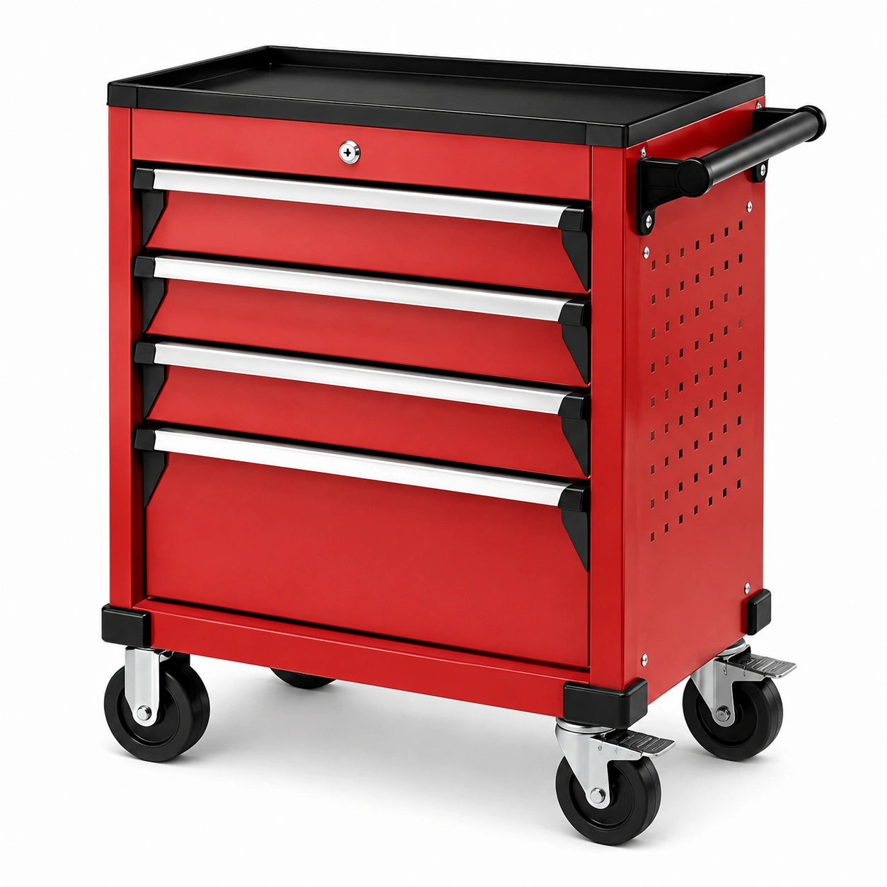 Mobiler Werkzeugwagen aus Stahl mit 4 Schubladen und Rollen, 62 × 33 × 76 cm, Rot/Schwarz/Silber