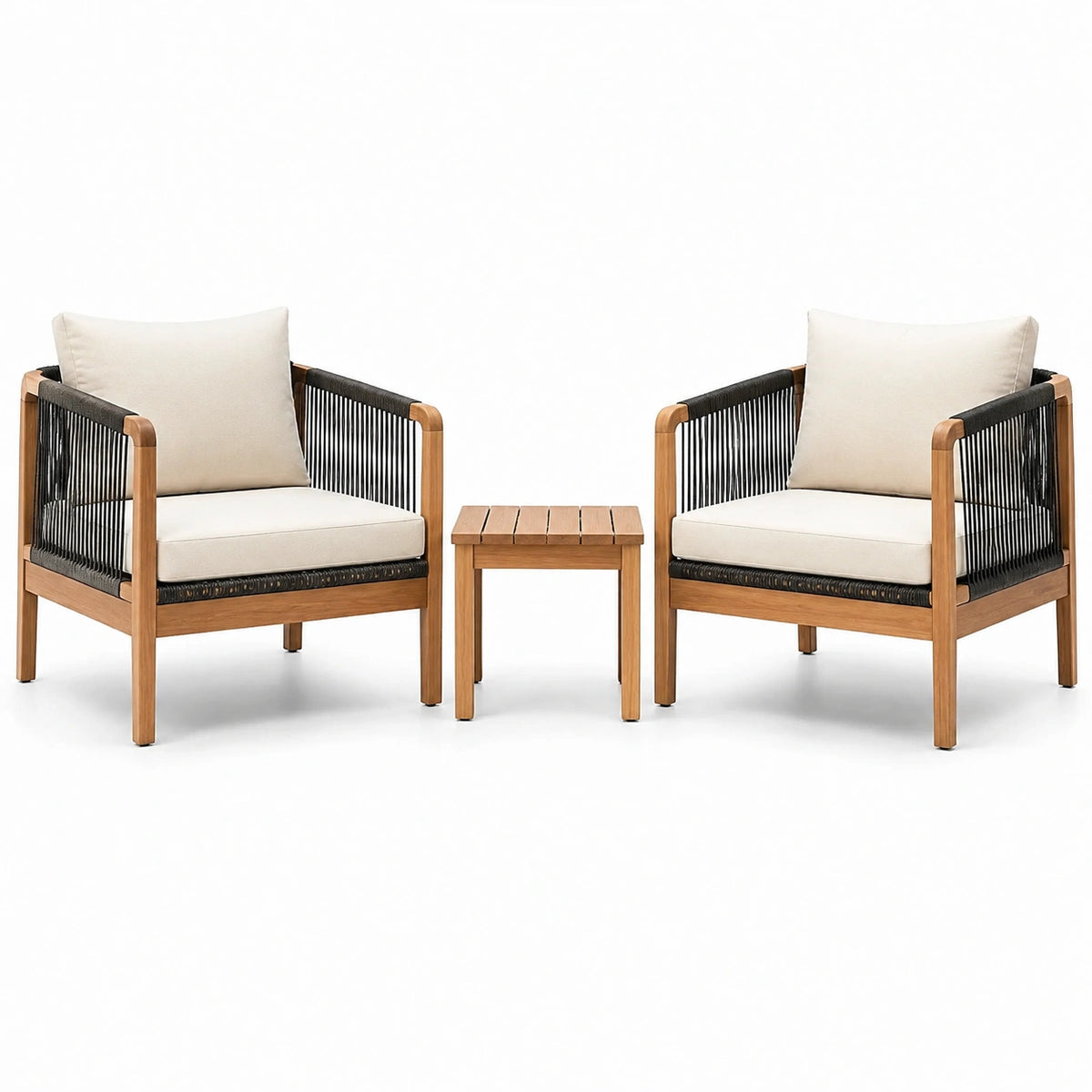 3-teiliges Gartenmöbel-Set mit 2 Sesseln 72 × 75 × 80 cm und Beistelltisch 50 × 45 × 45 cm, Natur, Schwarz und Cremeweiß