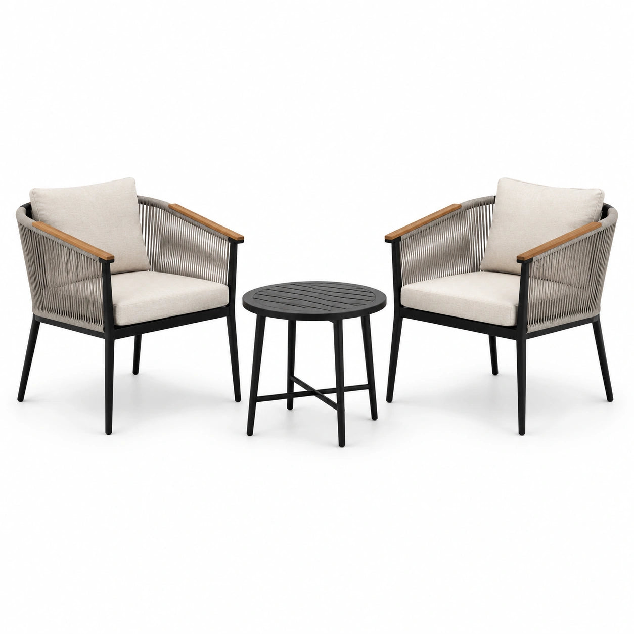3-teiliges Gartenmöbel-Set mit 2 Sesseln 70 × 72 × 78 cm und Tisch Ø 50 × 48 cm, Beige/Grau/Schwarz/Braun