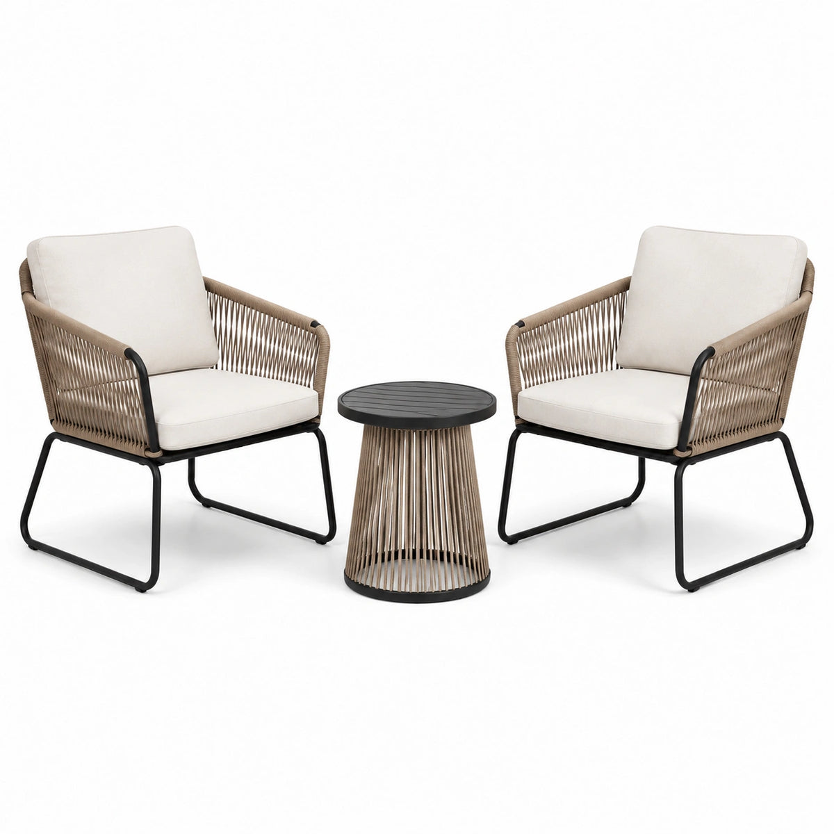 3-teiliges Gartenmöbel-Set mit 2 Sesseln 72 × 75 × 80 cm und Beistelltisch Ø 50 × 47 cm, Taupe, Cremeweiß und Schwarz