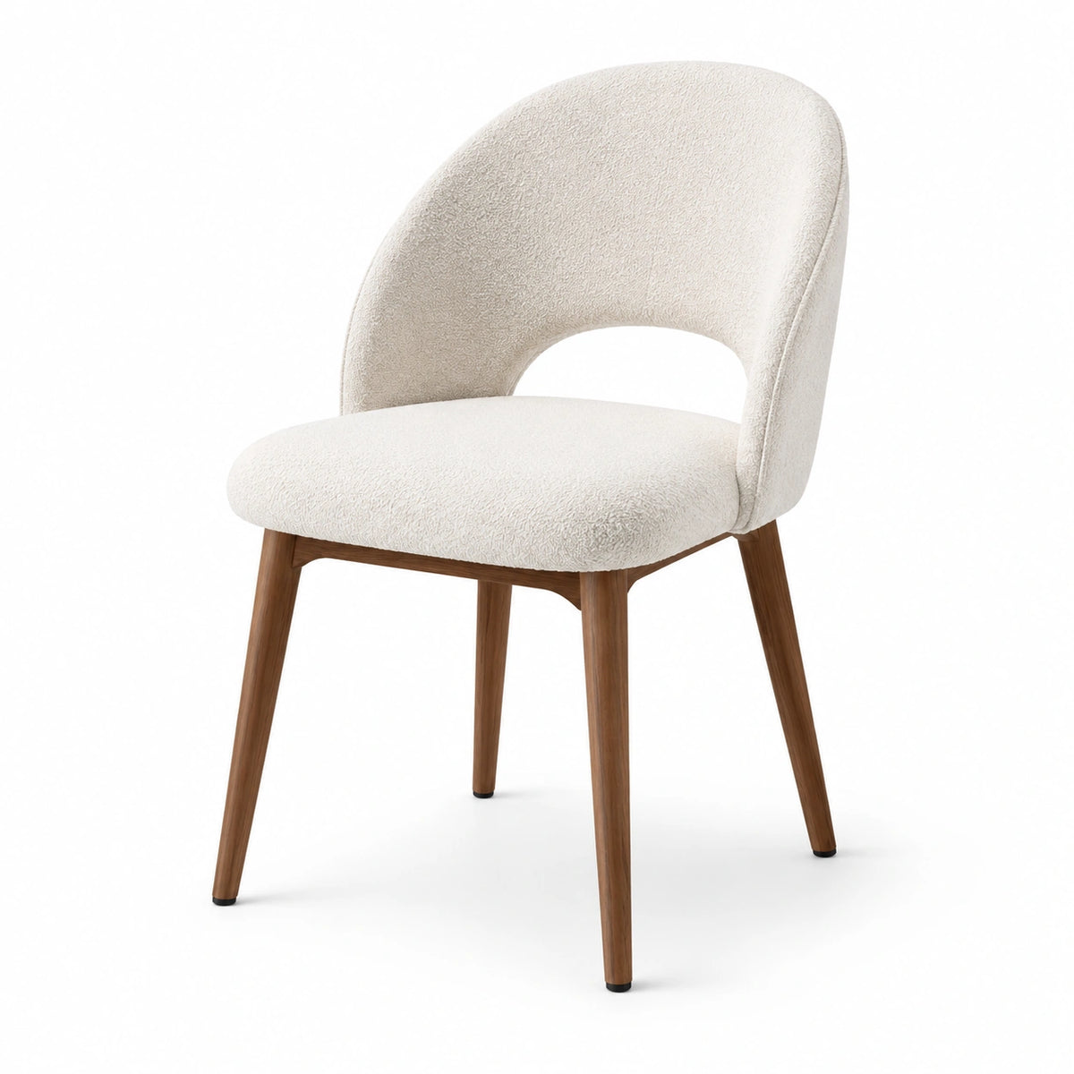 Esszimmerstuhl mit Bouclé-Bezug, Creme/Braun, 57 × 59 × 82 cm, gepolstert mit offener Rückenlehne und Gestell in Holzoptik