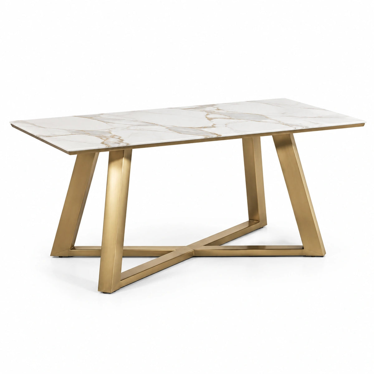 Moderner Esstisch 180 × 90 × 76 cm in Weiß, Gold und Goldbraun mit Tischplatte in Marmoroptik und Metallgestell