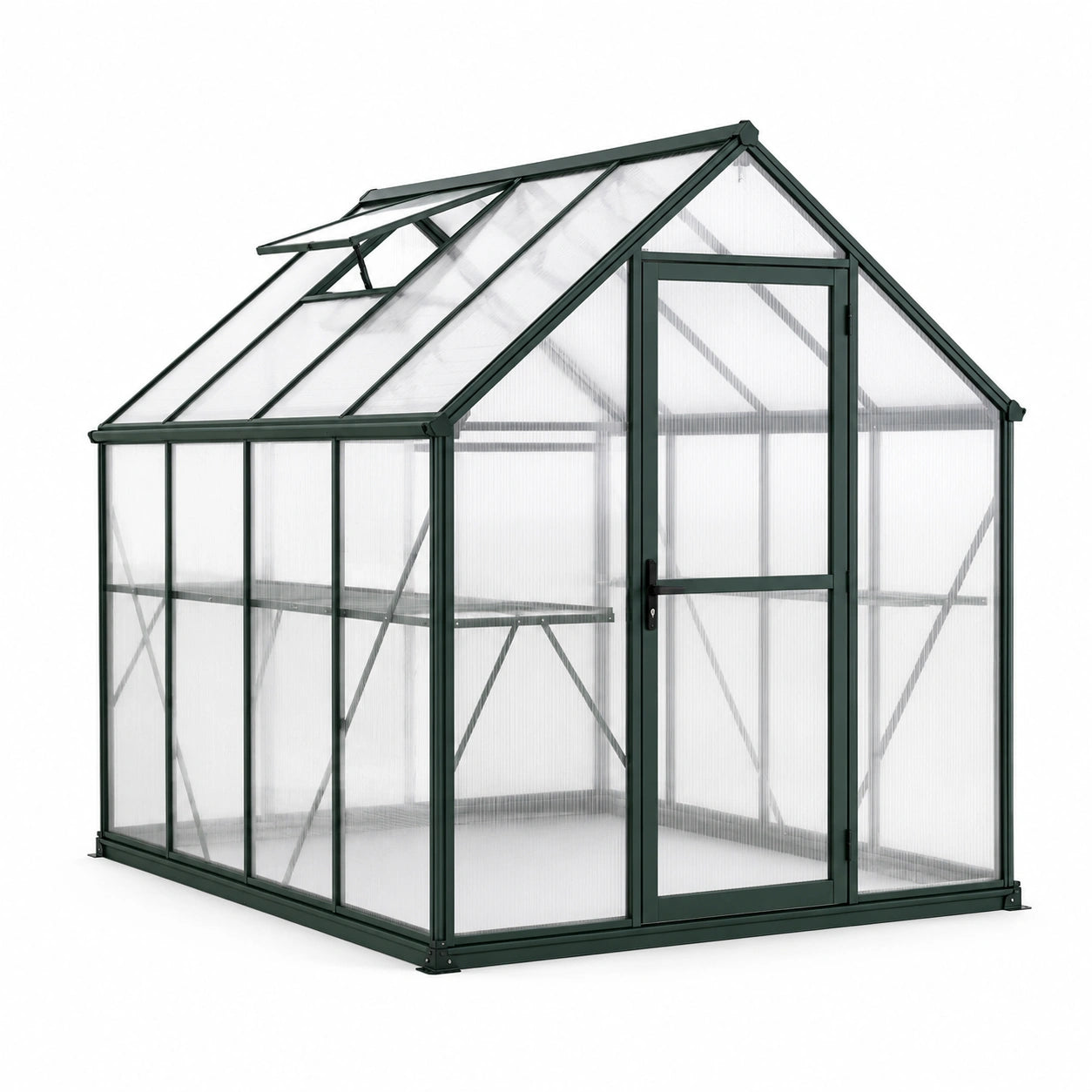Gewächshaus aus Aluminium und Polycarbonat mit Dachfenster und Drehtür, 190 × 190 × 195 cm, Dunkelgrün/Transparent