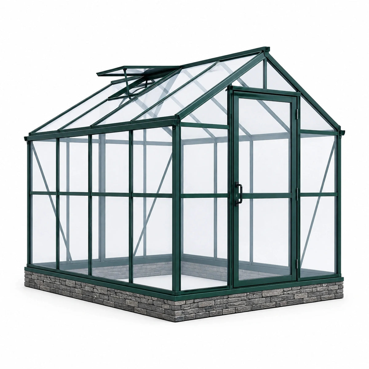 Gewächshaus 250 × 190 × 215 cm mit dunkelgrünem Aluminiumrahmen, transparenten Polycarbonatplatten, Dachfenster und Drehtür