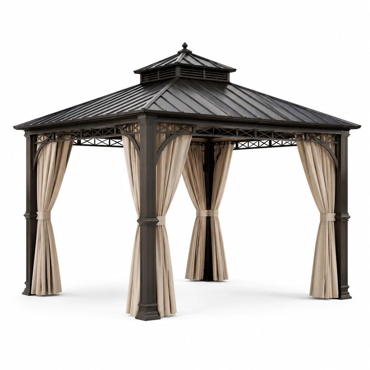 Gartenpavillon 400 × 300 × 290 cm, Anthrazit und Beige, festes Metalldach mit Vorhängen