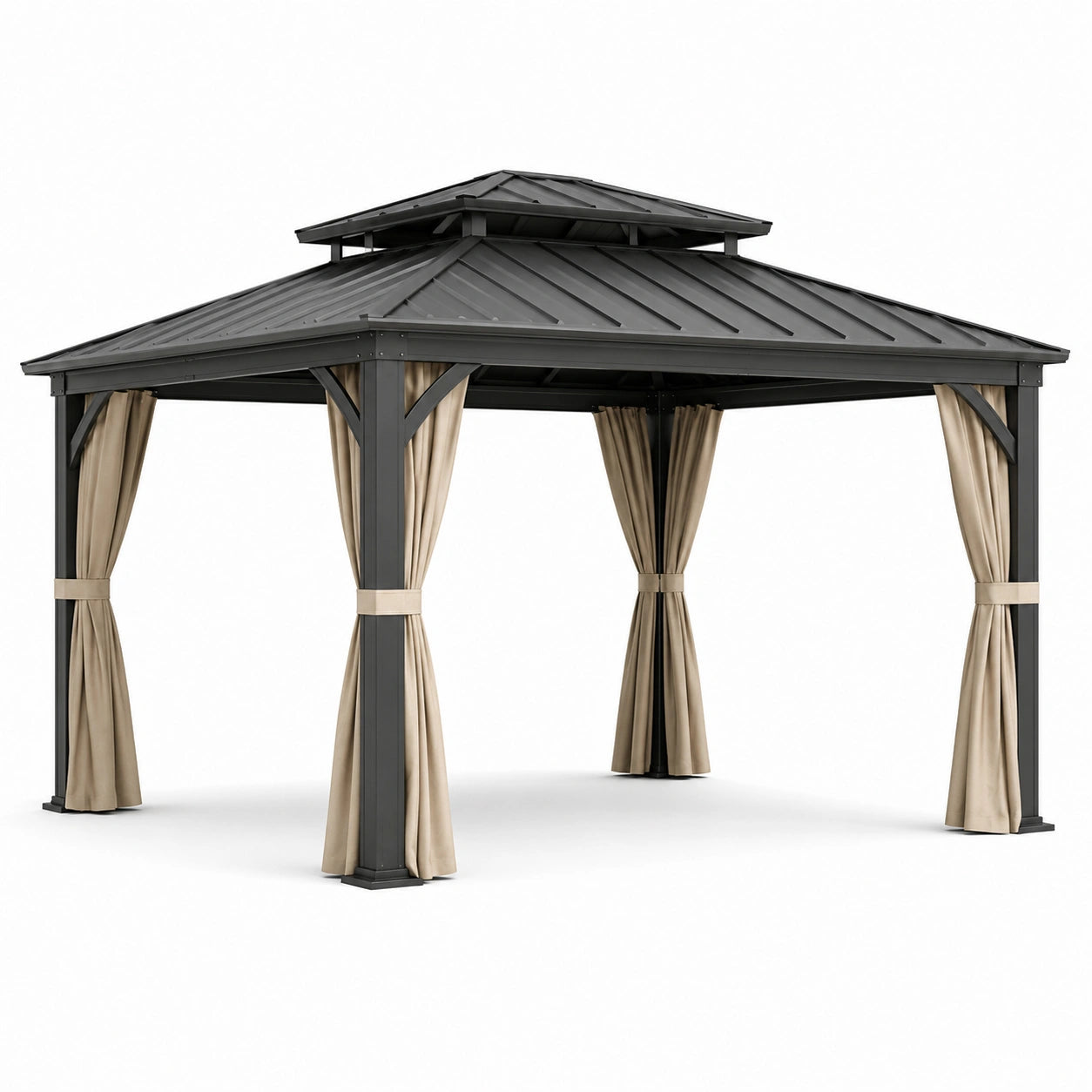Metall-Gartenpavillon mit Doppeldach und Vorhängen, 400 × 300 × 290 cm, Anthrazit und Beige