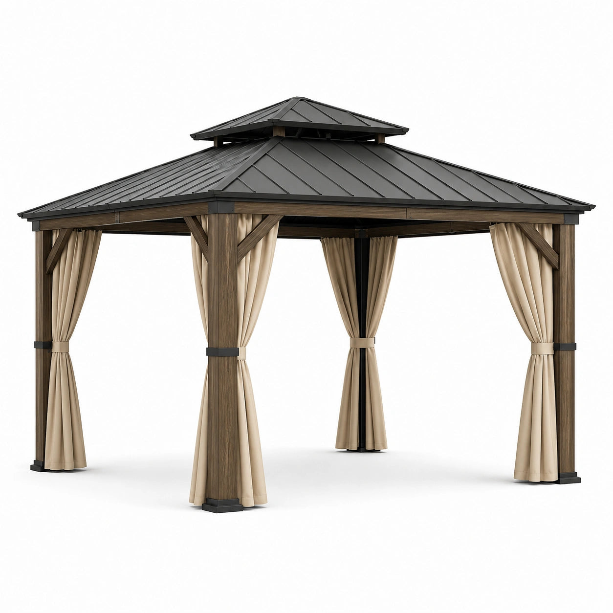 Gartenpavillon 360 × 300 × 300 cm, Braun, Anthrazit und Beige, mit festem Metalldach und Vorhängen