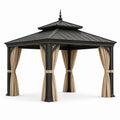 Gartenpavillon aus Metall mit festem Doppeldach und Vorhängen, 360 × 360 × 315 cm, Schwarz und Beige