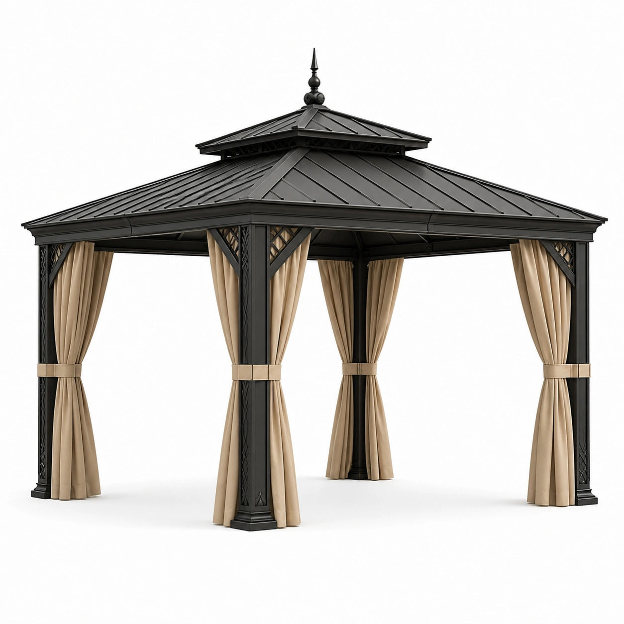 Gartenpavillon aus Metall mit festem Doppeldach und Vorhängen, 360 × 360 × 315 cm, Schwarz und Beige