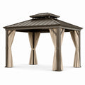 Gartenpavillon aus Metall mit Doppeldach und Vorhängen, 400 × 300 × 290 cm, Dunkelbraun und Beige
