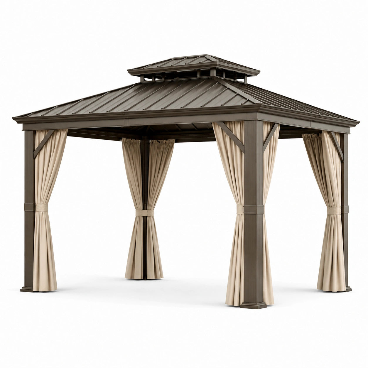 Gartenpavillon aus Metall mit Doppeldach und Vorhängen, 400 × 300 × 290 cm, Dunkelbraun und Beige
