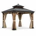 Gartenpavillon aus Holz mit Metalldach und Vorhängen, 300 × 300 × 290 cm, Braun, Schwarz und Beige
