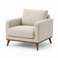 Moderner Loungesessel mit beigem Strukturstoff und braunem Holzgestell, 90 × 88 × 84 cm