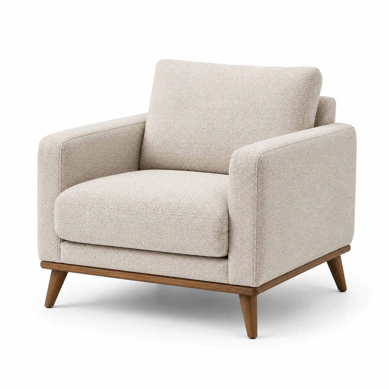 Moderner Loungesessel mit beigem Strukturstoff und braunem Holzgestell, 90 × 88 × 84 cm
